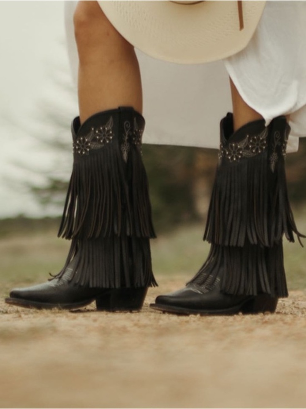 NEW ROCK'EM BARBAS FRINGE BOOTS BORREGO NEGRO Sz: 7.5 Genuine Leather